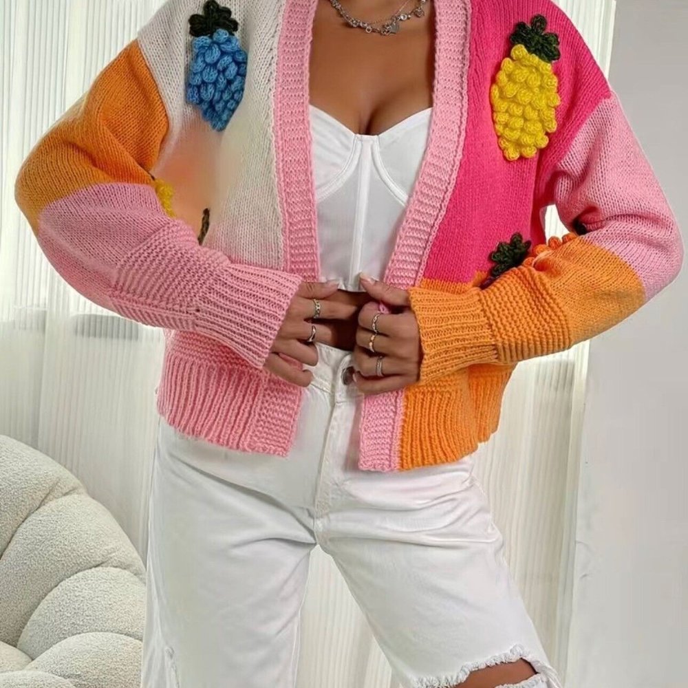 Women Open Knit Sweater Cardigan Medium Pink Orange Colorblock Fruit Embroidery